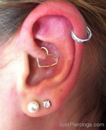 Dual Lobe Helix and Daith Piercing with Heart Ring