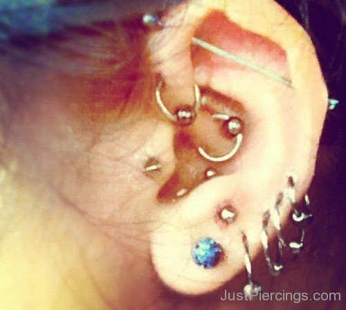 Industrial Lobe Daith and Helix Piercing