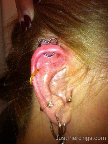Awesome Lobe And Heart Helix Piercing