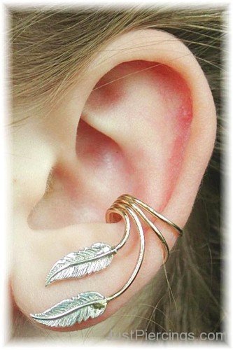 Beautiful Ear Cartilage Piercing With Earring Cuff Graceful Silver Feathers Sterling