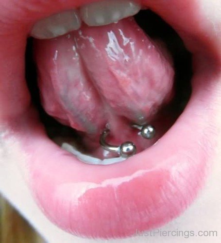 Tongue Lingual Frenulum Piercing With Silver Ball Ring