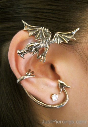 Guardian Dragon Ear Wrap Cartilage Piercing With Bronze Earrings
