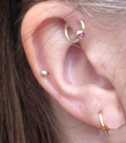 Helix Piercing And Forward Helix Lobe Piercing With Ball Closure Ring