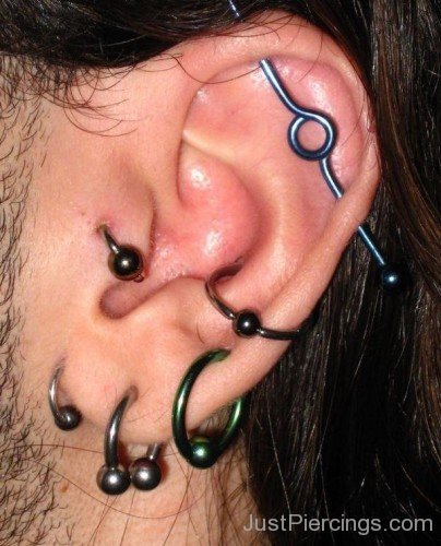 Industrial Tragus Conch And Lobe Piercing