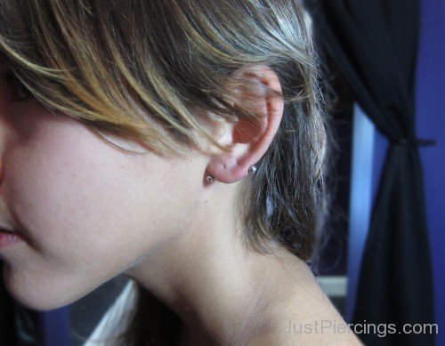 Left Ear Silver Barbell Transverse Lobe Piercing