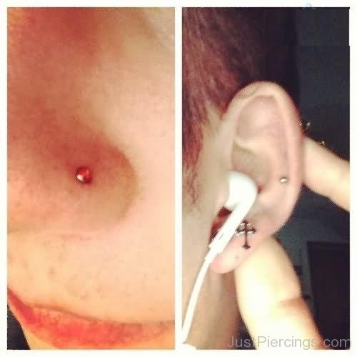 Nose And Left Ear Lobe Pinna Piercing