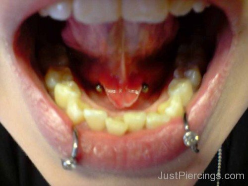 Tongue Web Piercing And Snake Bite Piercings With Rings