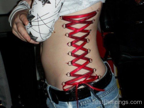 Corset Piercing On Side Rib With Red Ribbon-JP123