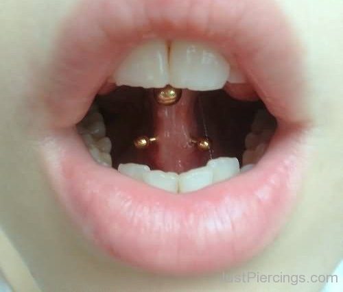 Gold Stud And Tongue Frenulum Piercing With Curved Barbell-JP12315