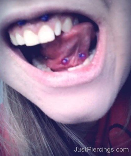 Lip And Frenulum Tongue Piercing With Purple Barbell-JP12317