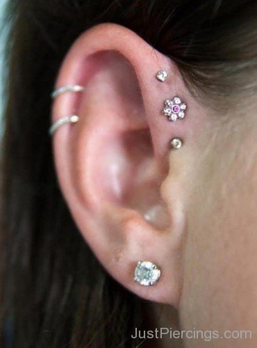 Lobe And Double Rim Piercing With Rings-JP12309