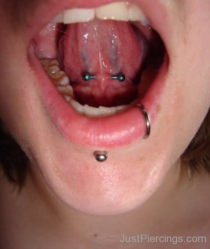 Lower Lip And Green Barbell Tongue Web Mouth Piercing-JP12316