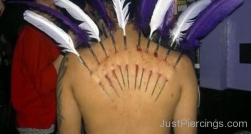 Purple And White Feather Piercing On Back Body-JP12313