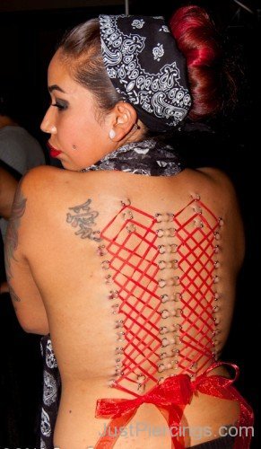 Red Ribbon Corset Piercing On Back