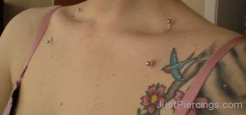 Flowers And Star Tattoo With Collarbone Piercing-JP1052