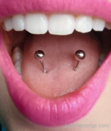 Tongue Horizontal Piercing With Silver Studs-JP1090