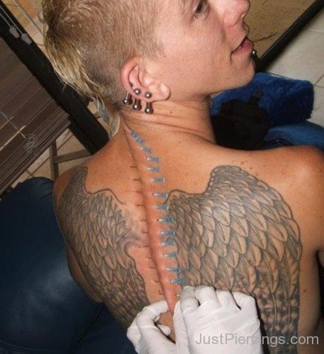 Angel Wings Tattoo And Cannula Back Bone Piercing-JP12002