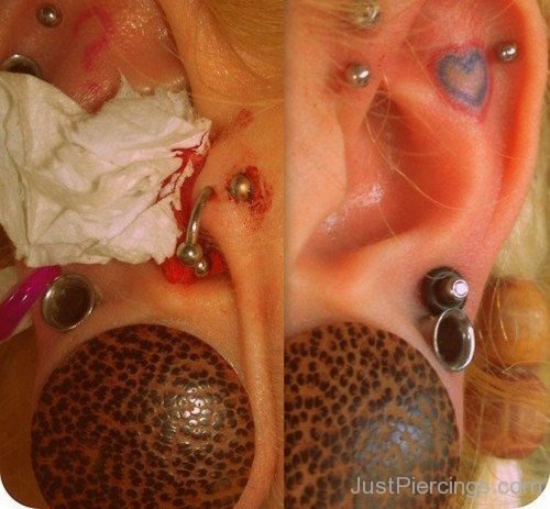 Dual Anti Helix,Helix Piercing And Heart Tattoo-JP1073