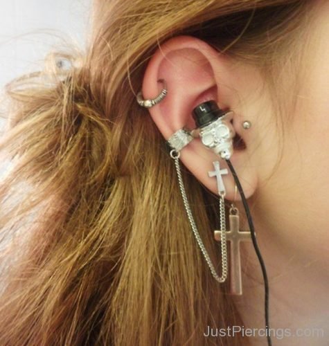 Cartilage And Lobe Piercing With Metal Cross Ear Rings-JP1022