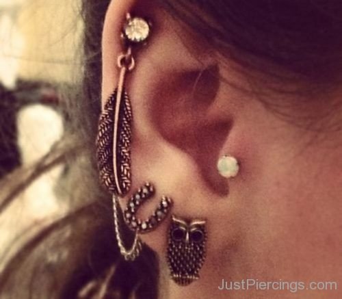 Cartilage And Lobe Piercing With Owl Feather Ring-JP1010