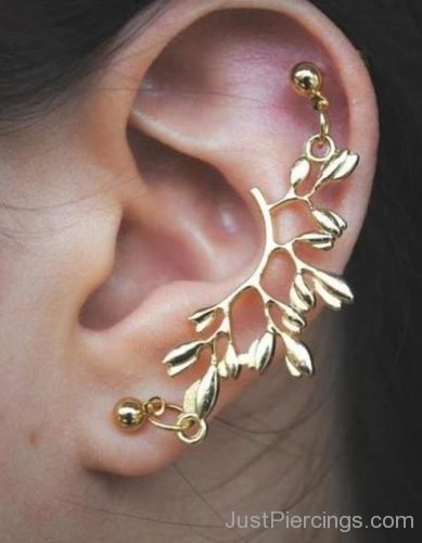 Cartilage To Lobe Piercing With Gold Jewelry-JP1066