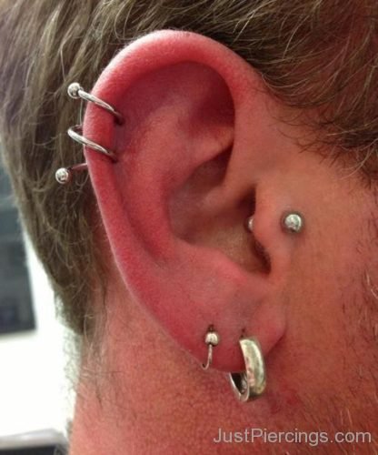 Dual Lobe, Tragus And Spiral Ear Cartilage Piercing-JP1058