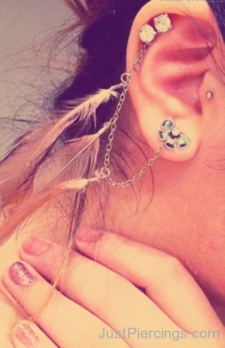 Lobe And Cartilage Piercing With Feather Chain-JP139