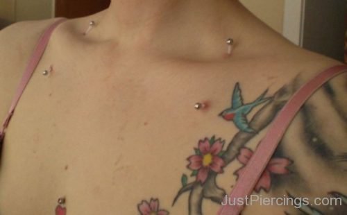 Sub Clavicle Piercings And Flower Tattoo-JP1109