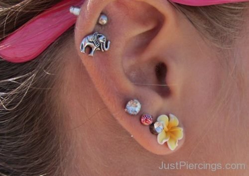 Tripple Lobe And Cartilage Piercing With Elephant Stud-JP1133