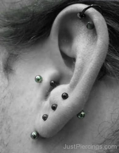 Black Studs Lobe And Spike Cartilage Ear Piercing-JP1047