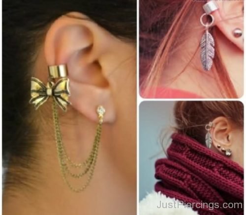 Bow Chain And Feather Cuff Ear Piercing-JP1016