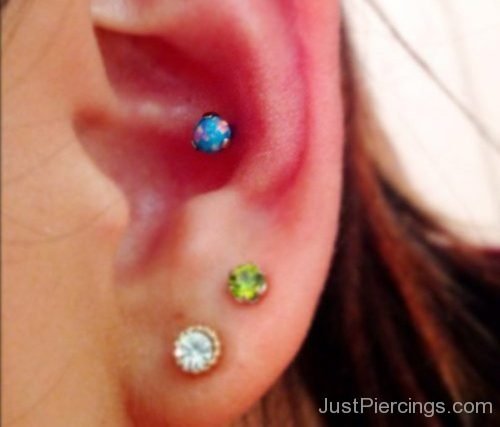 Conch And Lobe Piercing With Colourful Studs-JP1025