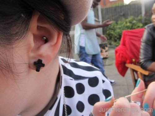 Conch and lobe Piercing With Cross Sign-JP1029