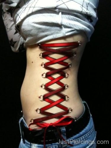 Corset Piercing With Black And Red Ribbon-JP1064