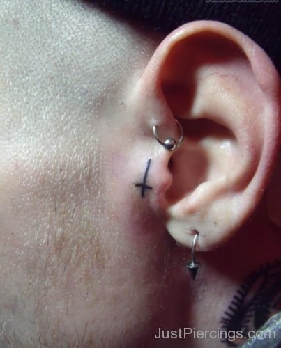 Daith Piercing And Cross Sign Tattoo-JP1097