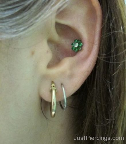 Dual Lobe And Conch Piercing With Green Stud-JP1109