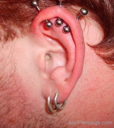 Dual Lobe And Tripple Helix Ear Piercing With Barbells-JP1056