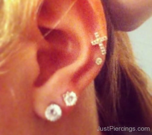 Ear Dual Lobe And Cross Stud Ear Piercing-JP1017