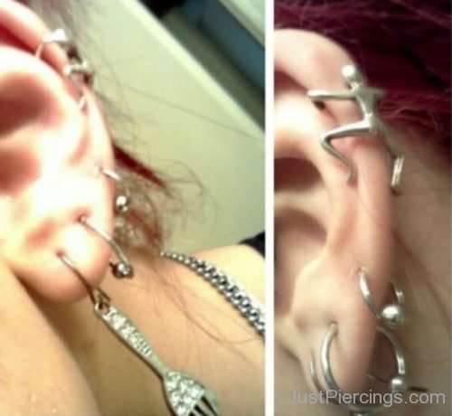 Ear Piercing With Captive rings And Metal Man Ear Cuff-JP1083