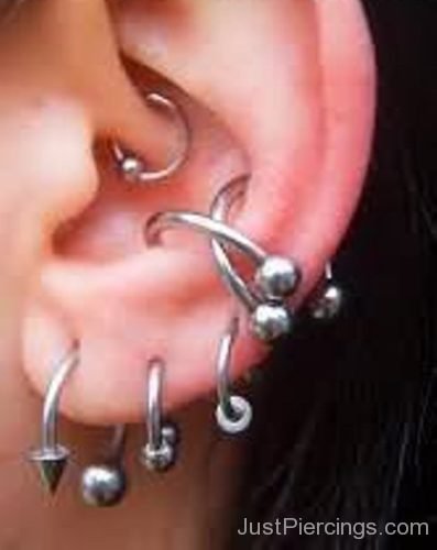Ear Piercing With Circular Barbell And Spike Ring-JP1206