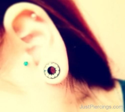 Gauge Lobe And Tragus Ear Piercing With Green Stud-JP1260