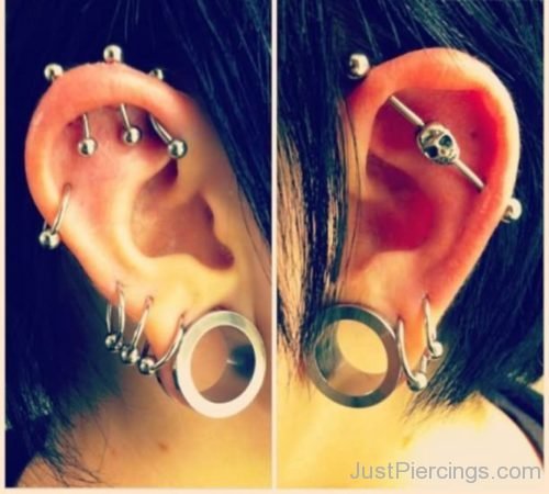 Industrial, Lobe And Other Ear Piercings On Both Ears-JP1131