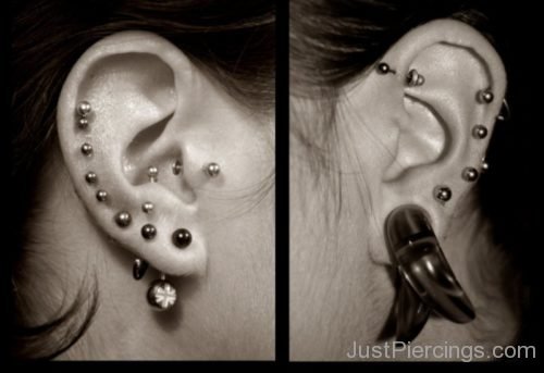 Lobe And Ear Piercings With Silver Studs-JP1144