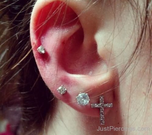 Lobe Ear Piercing Cross And Crystal Earring-JP149