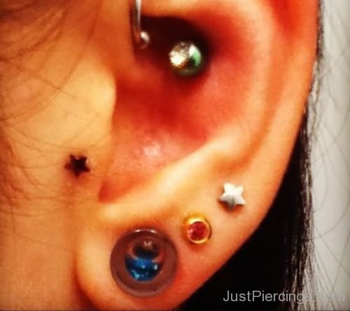 Lobe Gauge And Star Dermal Upper Lobe And Tragus Ear Piercing-JP1161
