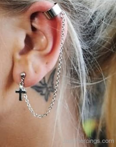 Lobe To Cartilage Cross Chain Ear Piercing-JP1093