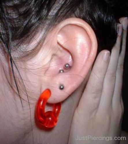 Outer Conch And Lobe Ear Piercing With Color Bead Ring-JP1200