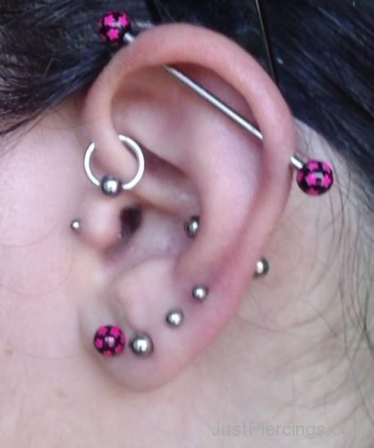 Pink Industrial Barbell And Lobe Ear Piercing-JP1175