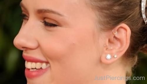 Scarlett Johansson Dual Lobe, Tragus And Rook Ear Piercing-JP1229