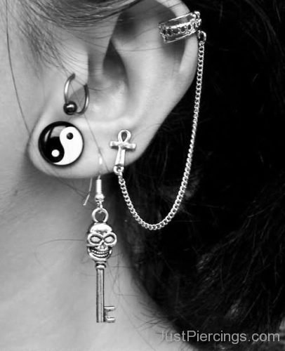 Skull Key, Yin Yan Stud And Cross Ear ring Lobe Ear Piercing-JP1244